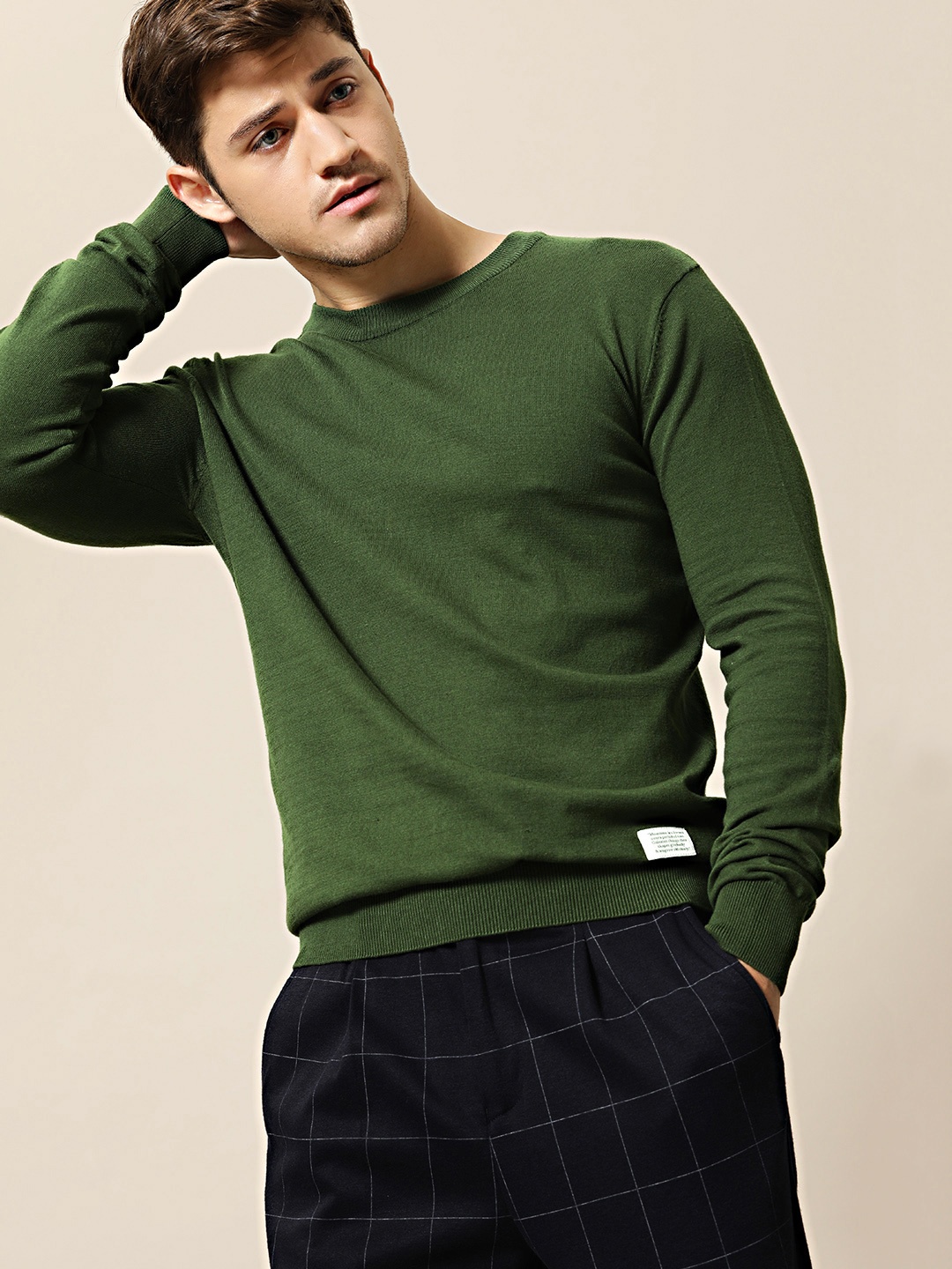 

Mr Bowerbird Men Olive Green Solid Tailored Fit Pullover Sweater
