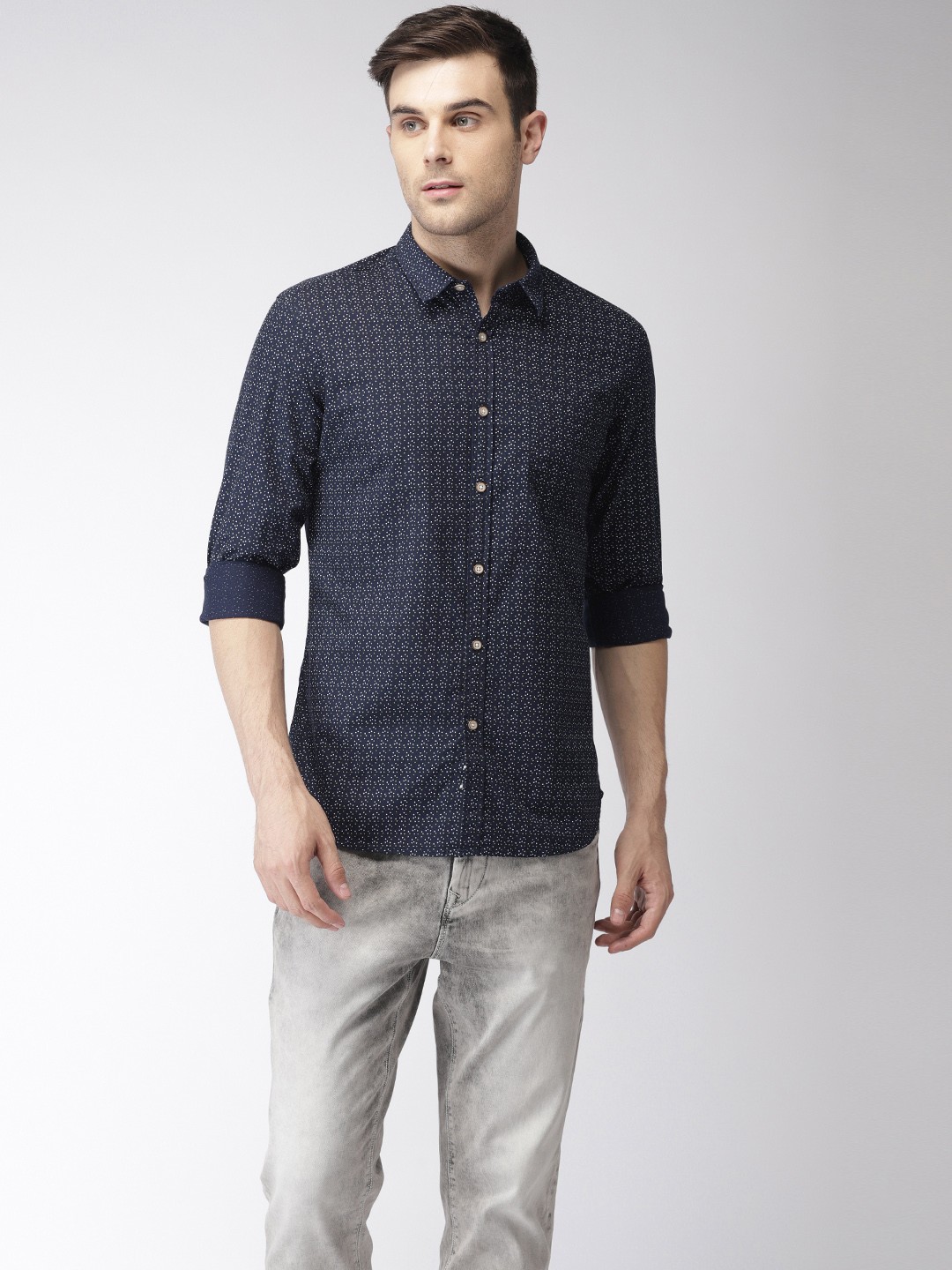 

Flying Machine Men Navy Blue Regular Fit Printed Casual Shirt