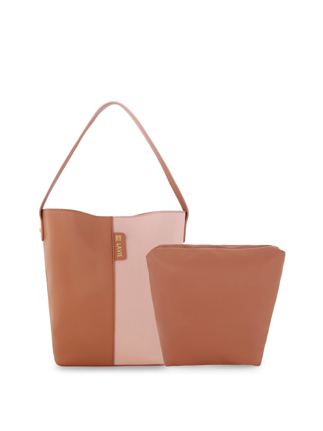 

Lavie Peach-coloured & Pink Colourblocked Handheld Bag with Pouch