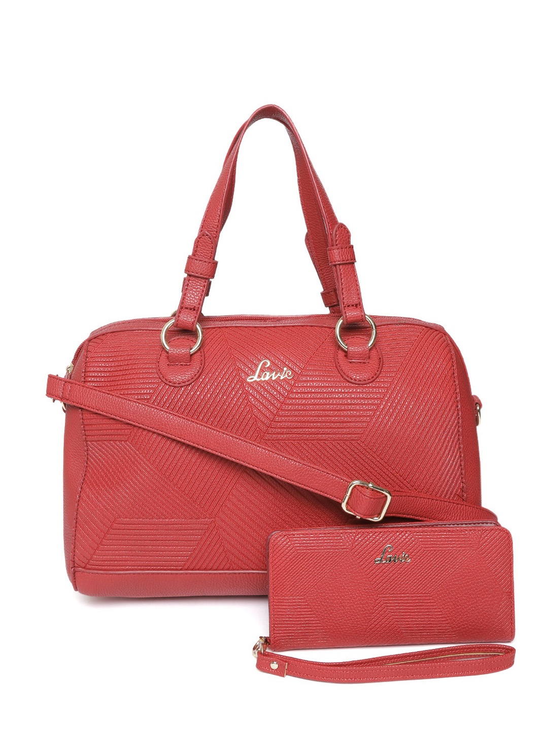 

Lavie Set of Red Textured Handheld Bag & Wallet