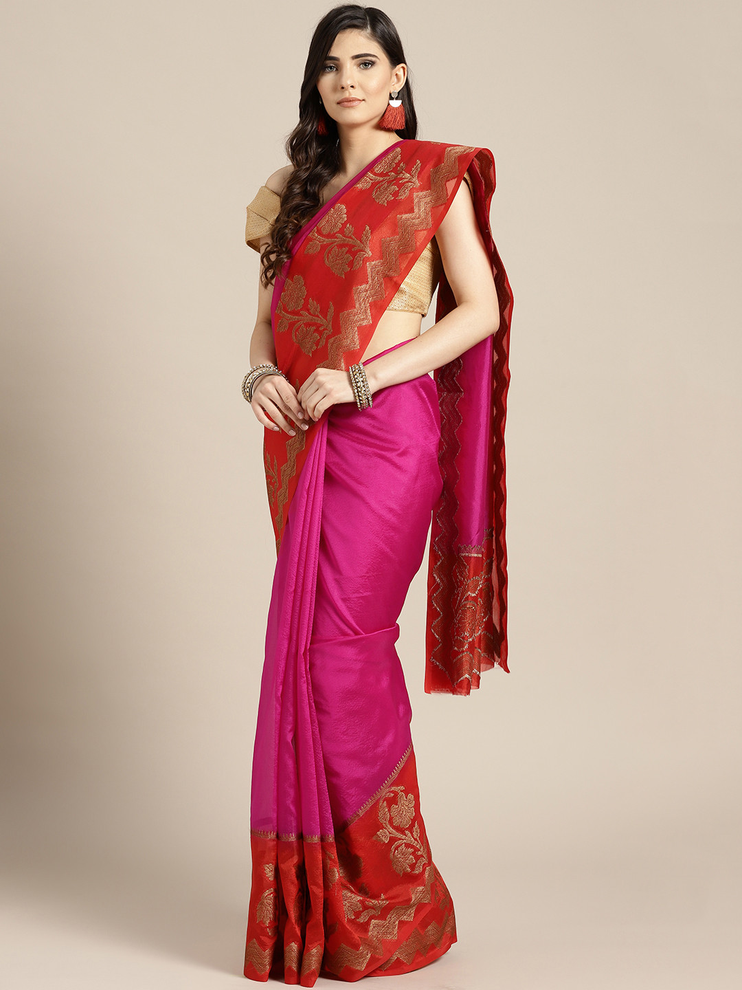 

Banarasi Style Fuchsia Pink & Orange Silk Blend Solid Banarasi Saree