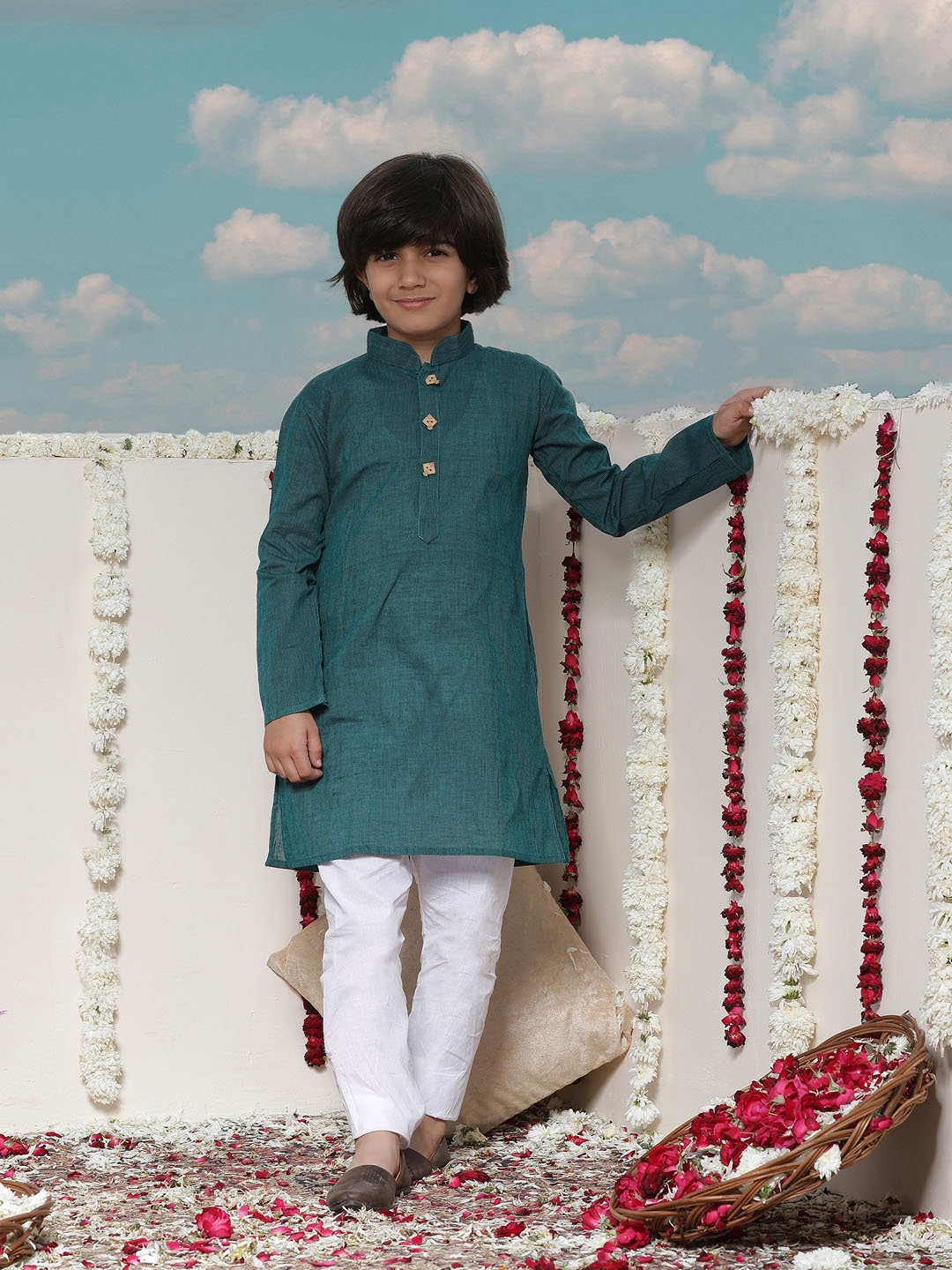 

JBN Creation Boys Green & White Solid Kurta with Churidar