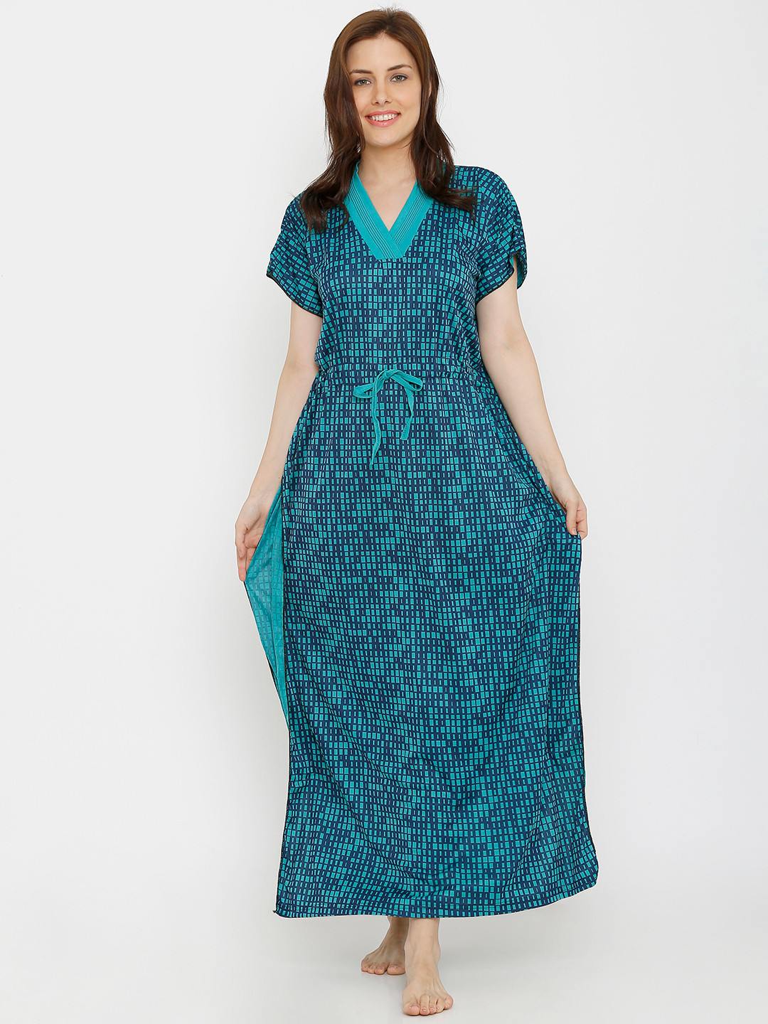 

Pretty Awesome Teal Blue Checked Nightdress PTAS333