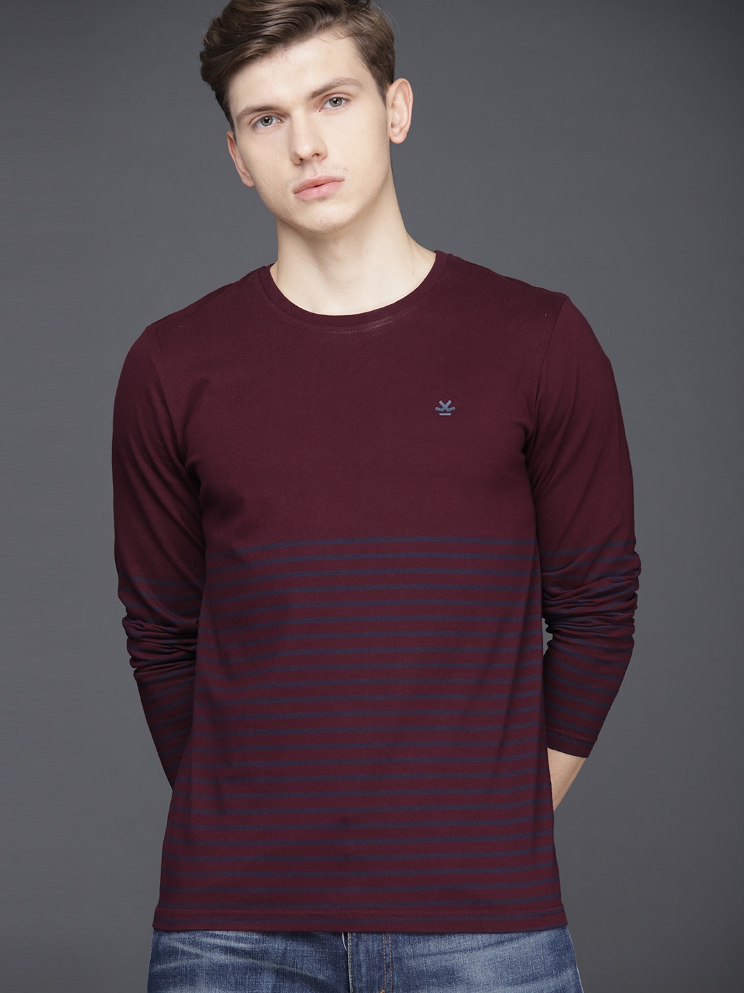 

WROGN Men Maroon Navy Striped Slim Fit Round Neck Pure Cotton T-shirt