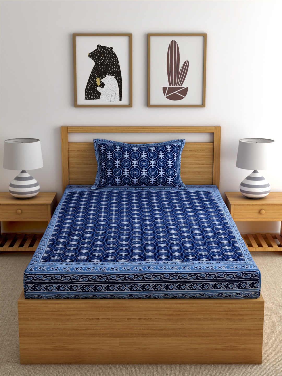 

Rajasthan Decor Navy Blue Block Print 144 TC Cotton 1 Single Bedsheet with 2 Pillow Covers