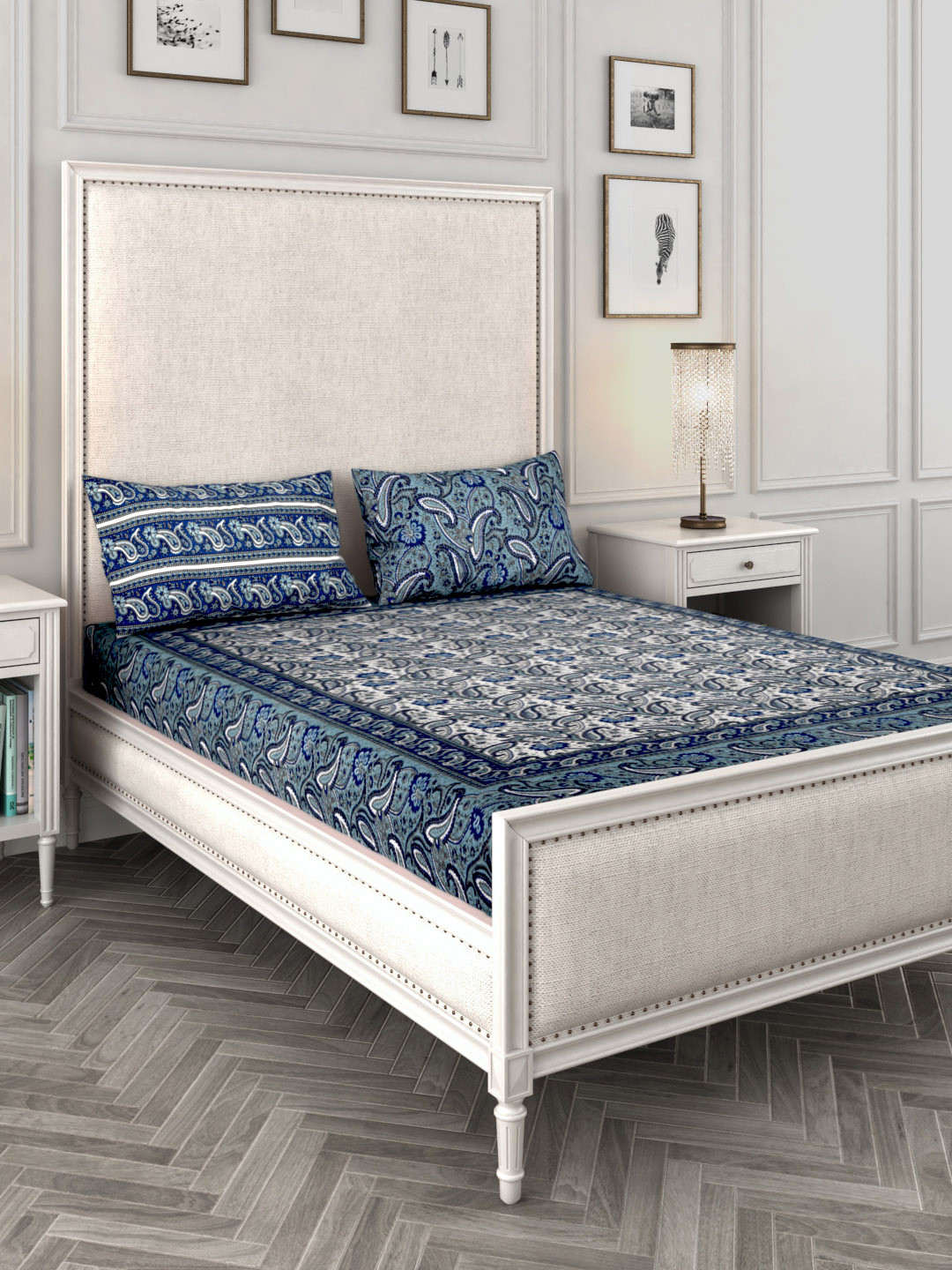 

Rajasthan Decor Navy Blue & Grey Ethnic Motifs 144 TC Cotton 1 Queen Bedsheet with 2 Pillow Covers