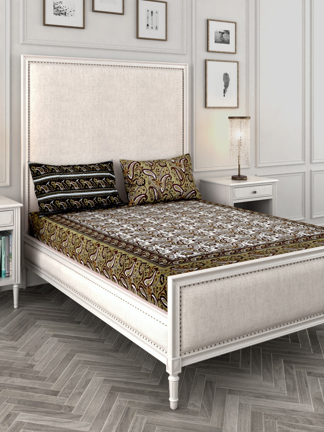 

Rajasthan Decor Olive Green & White Ethnic Motifs 144 TC Cotton 1 Queen Bedsheet with 2 Pillow Covers