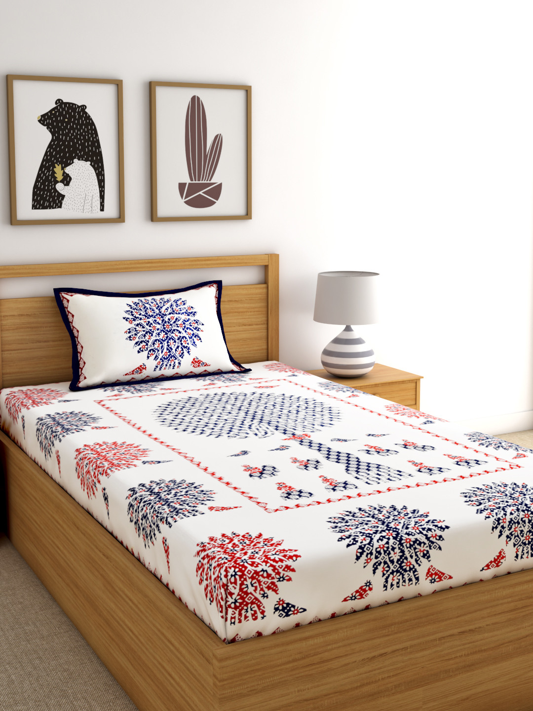 

Rajasthan Decor White Screen Print 144 TC Cotton 1 Single Bedsheet with 1 Pillow Cover