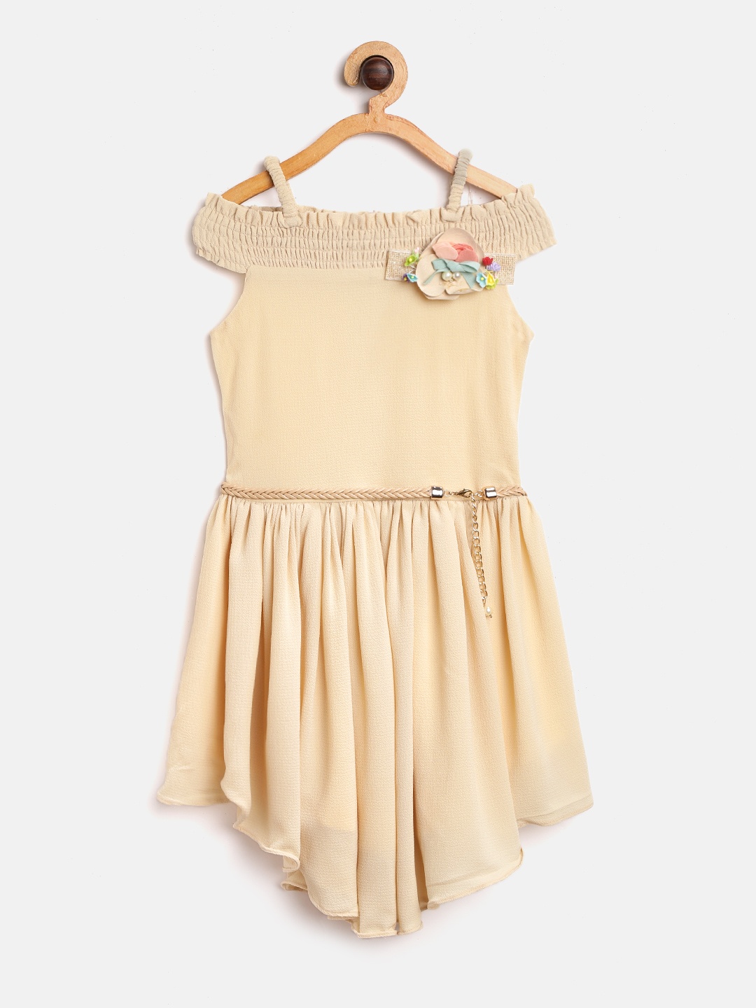 

Tiny Girl Cream-Coloured Solid A-Line Dress with Belt & Brooch