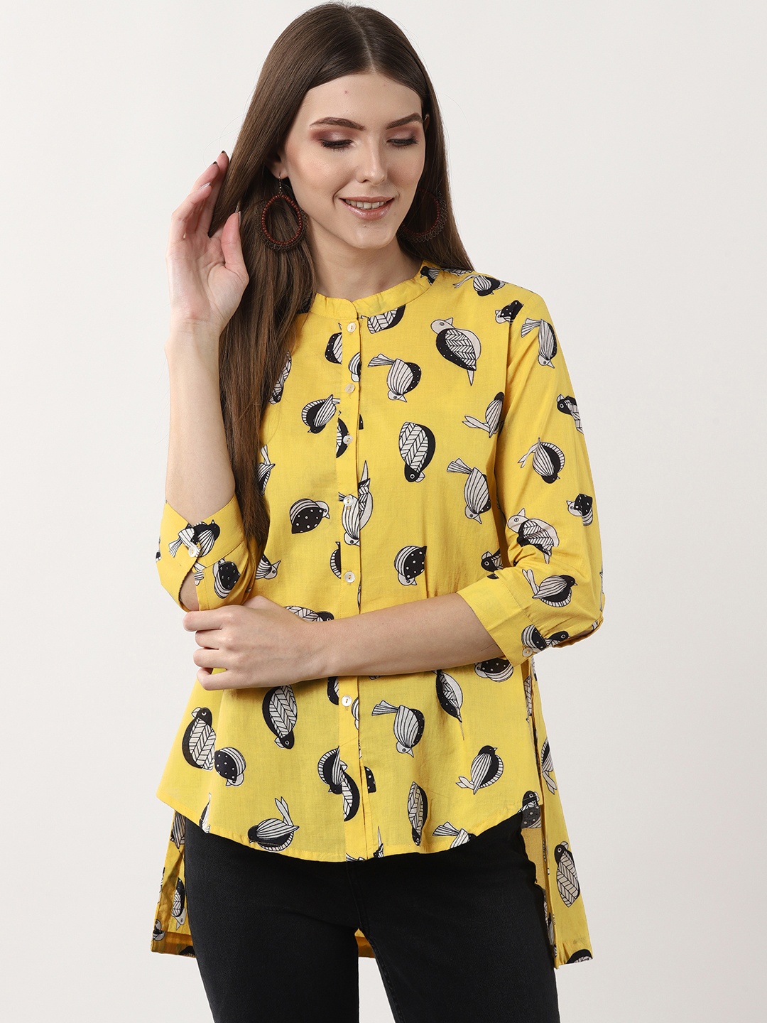 

Sangria Women Yellow Printed Shirt Style Pure Cotton Top