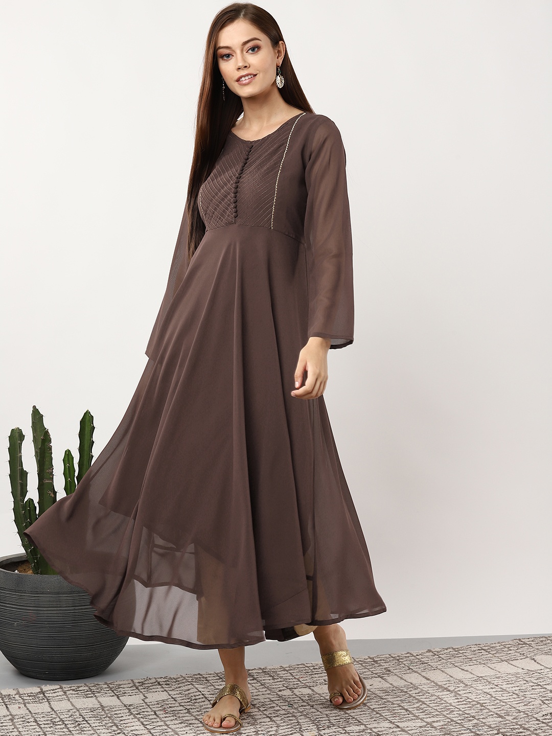 

Sangria Women Coffee Brown Yoke Design A-Line Kurta