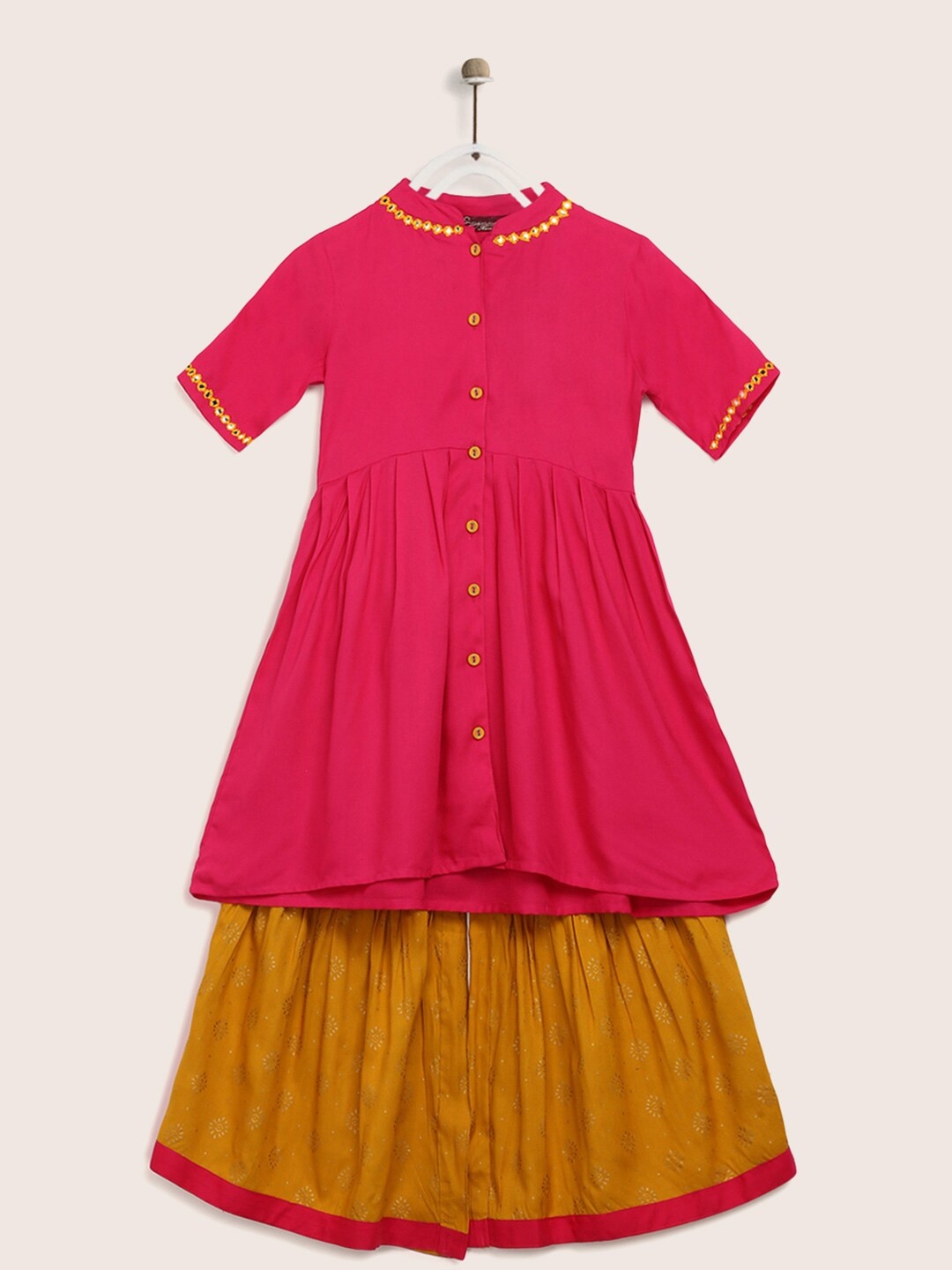 

Sangria Girls Magenta & Mustard Brown Solid Kurta with Printed Sharara