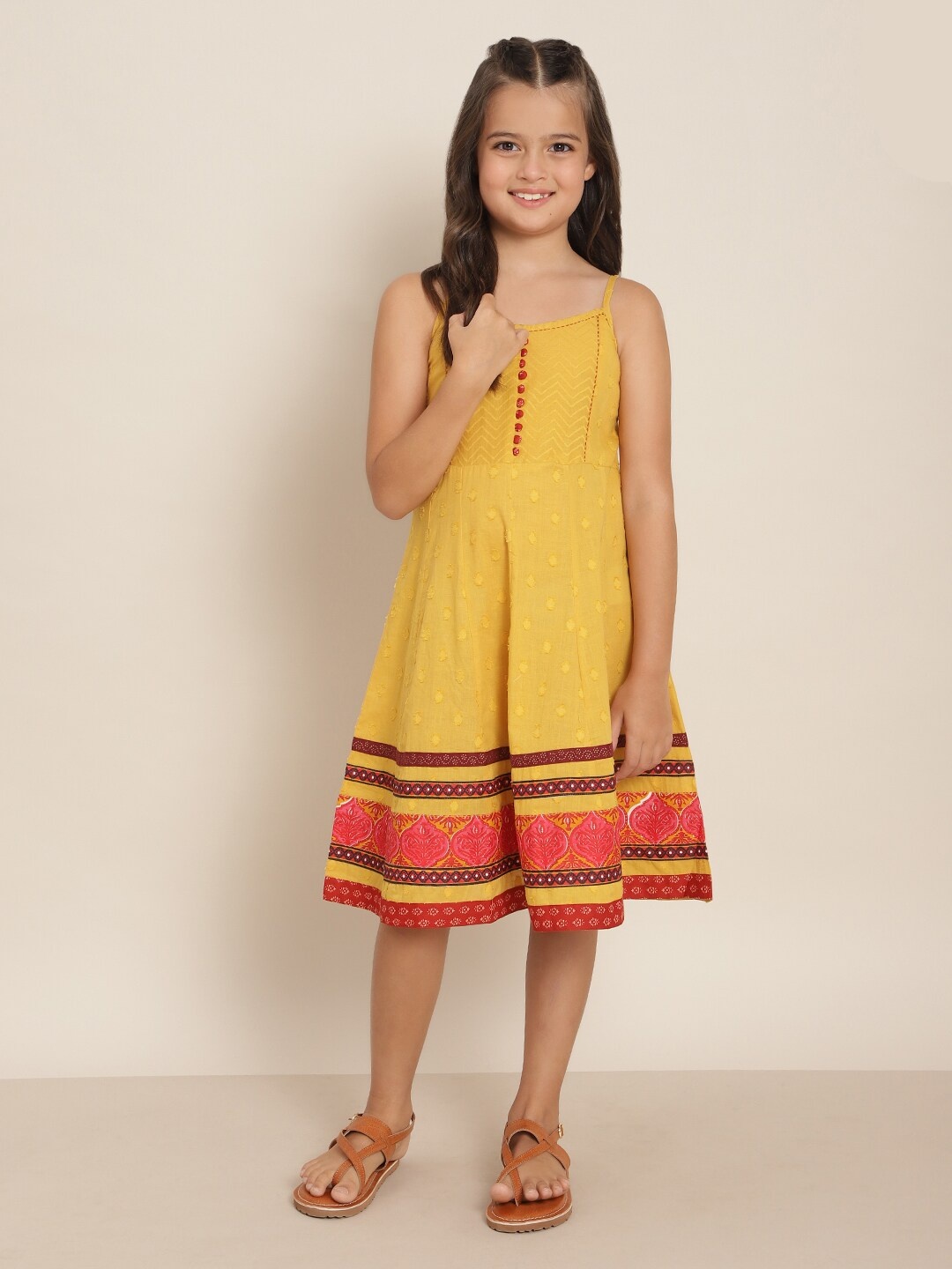 

Sangria Girls Mustard Yellow & Red Self Design Fit & Flare Dress