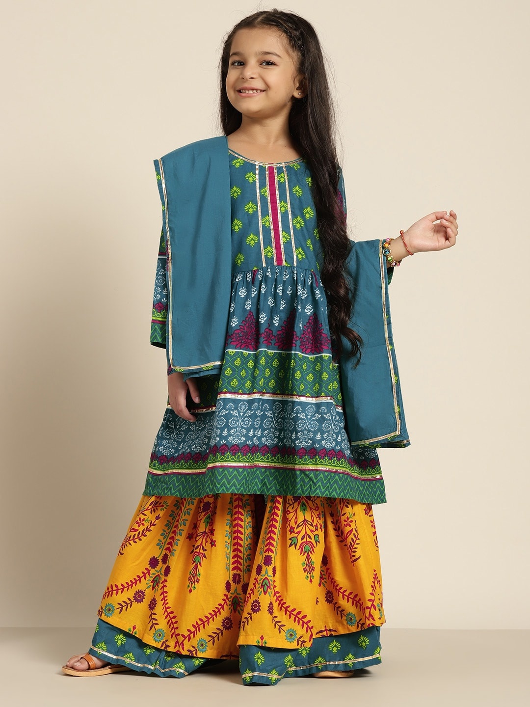 

Sangria Girls Teal Blue & Mustard Yellow Printed Kurta with Sharara & Dupatta