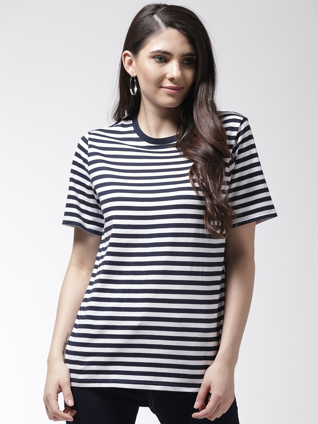 

Marks Spencer Women Navy Blue White Striped Round Neck Pure Cotton T-shirt