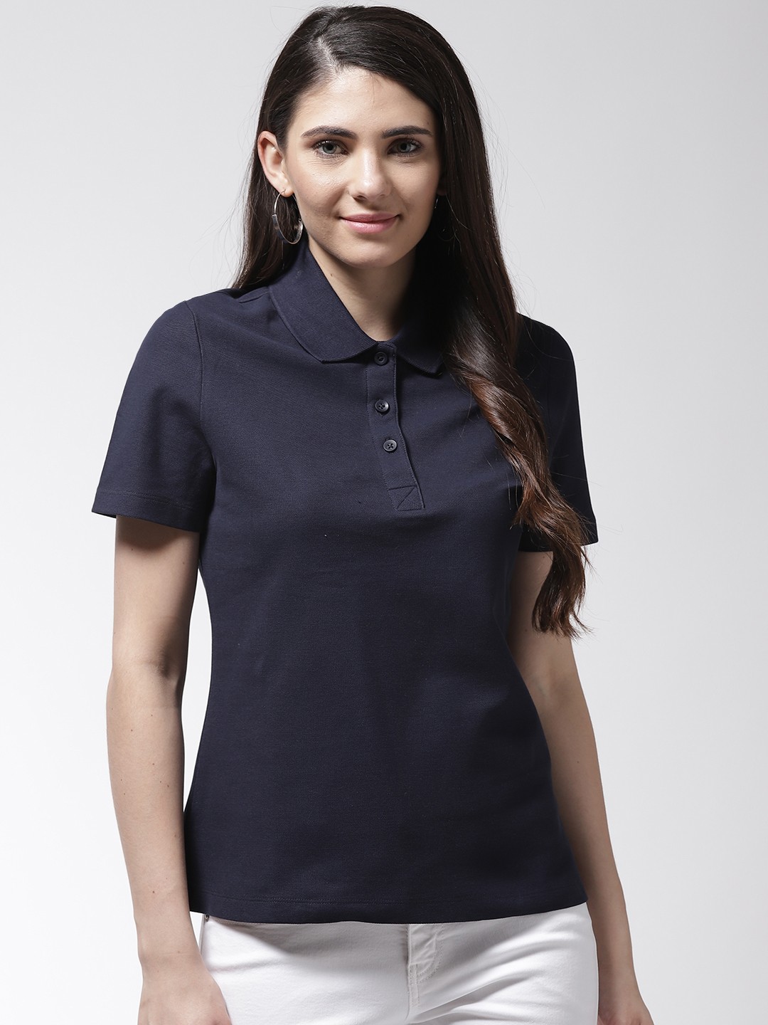 

Marks Spencer Women Navy Blue Solid Polo Collar Pure Cotton T-shirt