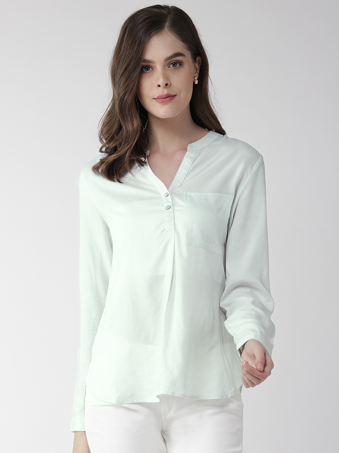 

Marks & Spencer Women White & Sea Green Striped Shirt Style Top