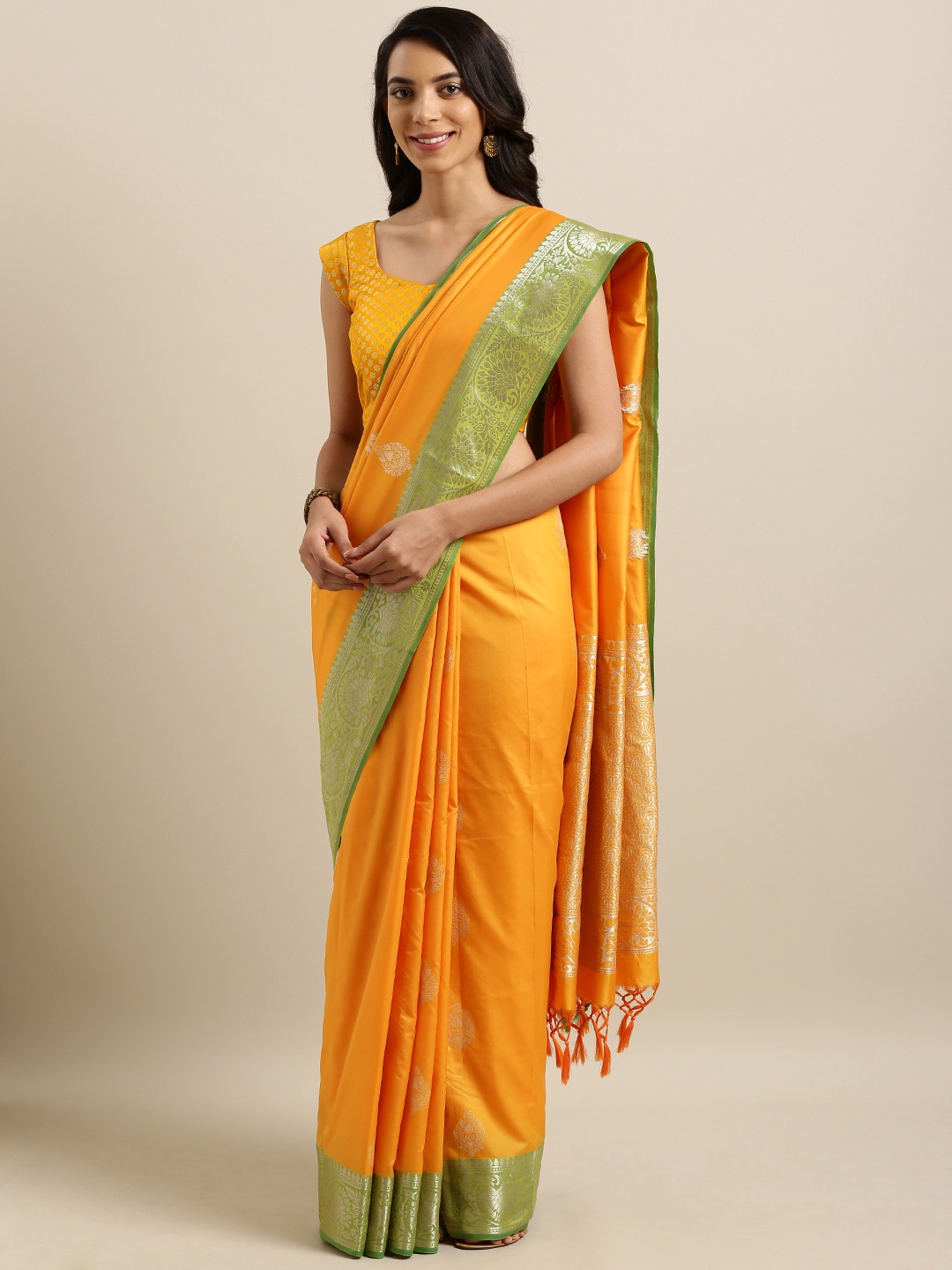 

Varkala Silk Sarees Mustard Yellow & Green Woven Design Silk Blend Kanjeevaram Saree