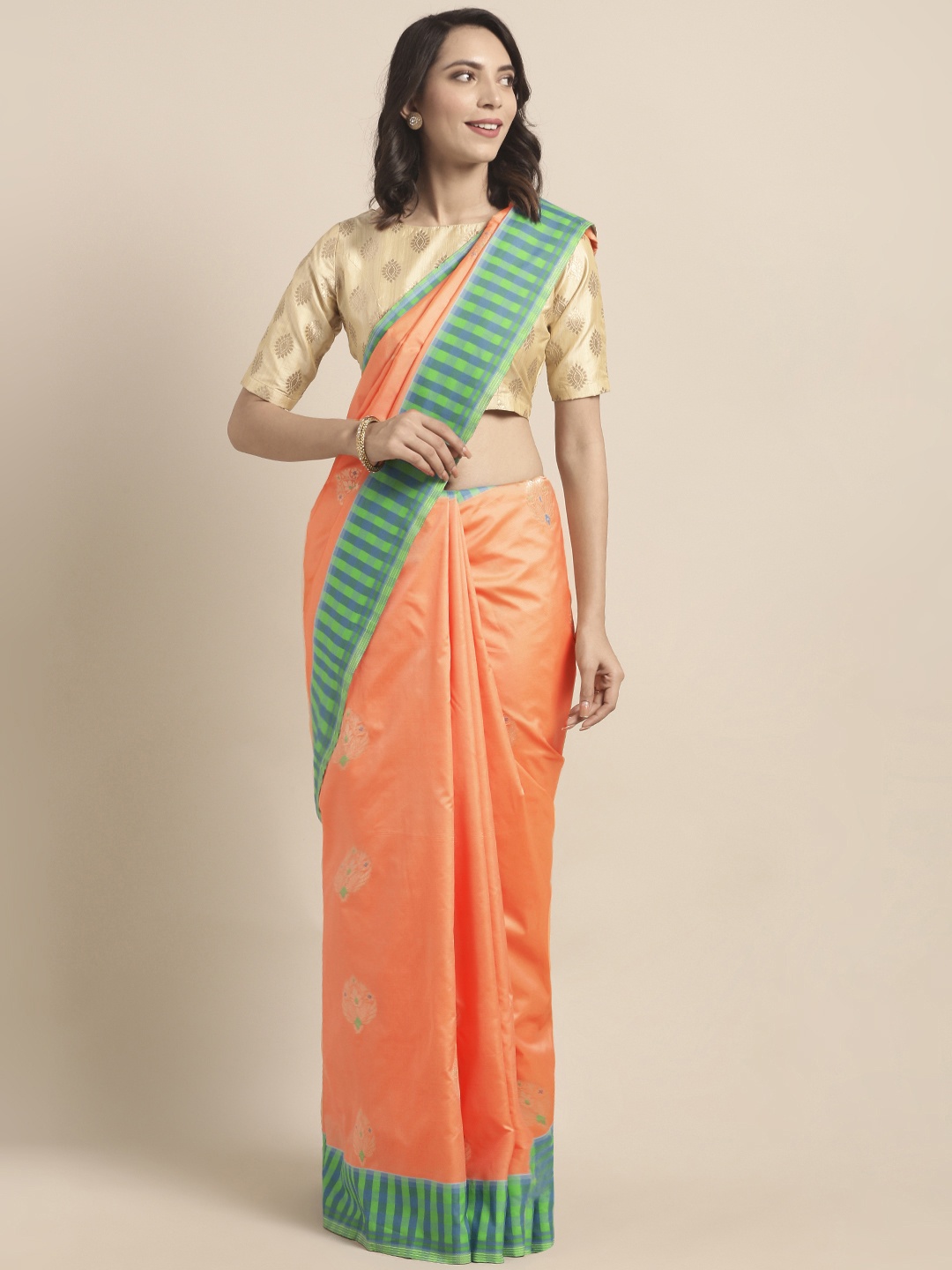

Varkala Silk Sarees Peach-Coloured Katan Silk Blend Woven Design Kanjeevaram Saree