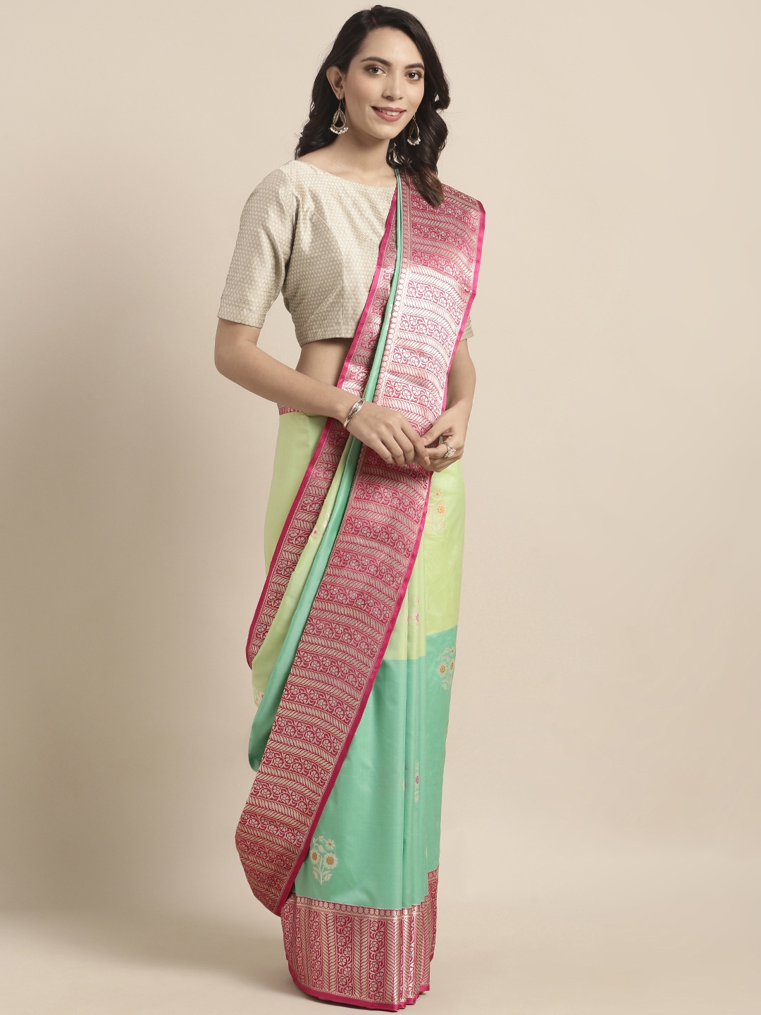 

Varkala Silk Sarees Green & Pink Silk Blend Woven Design Kanjeevaram Saree