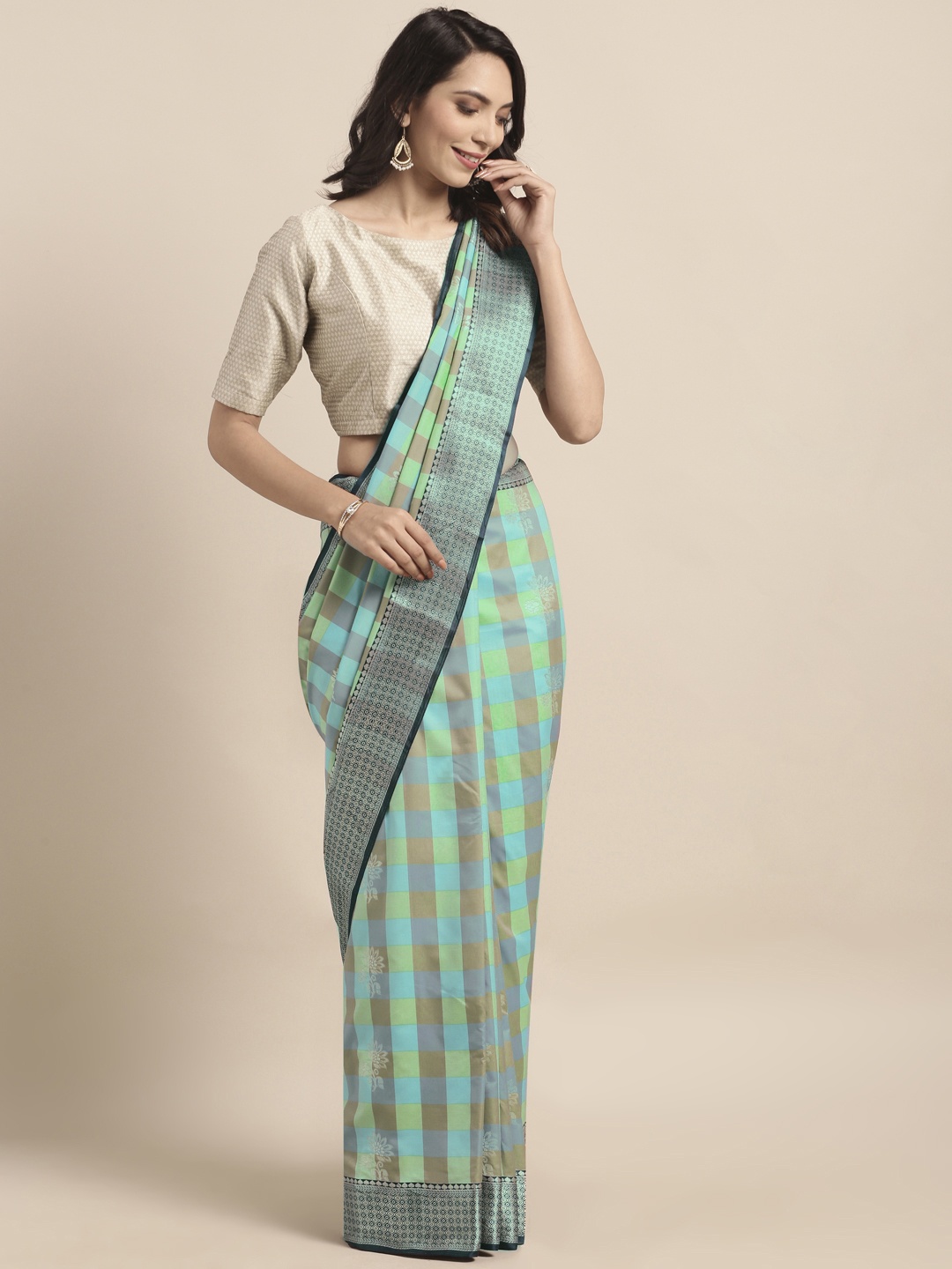 

Varkala Silk Sarees Blue & Green Silk Blend Checked Kanjeevaram Saree