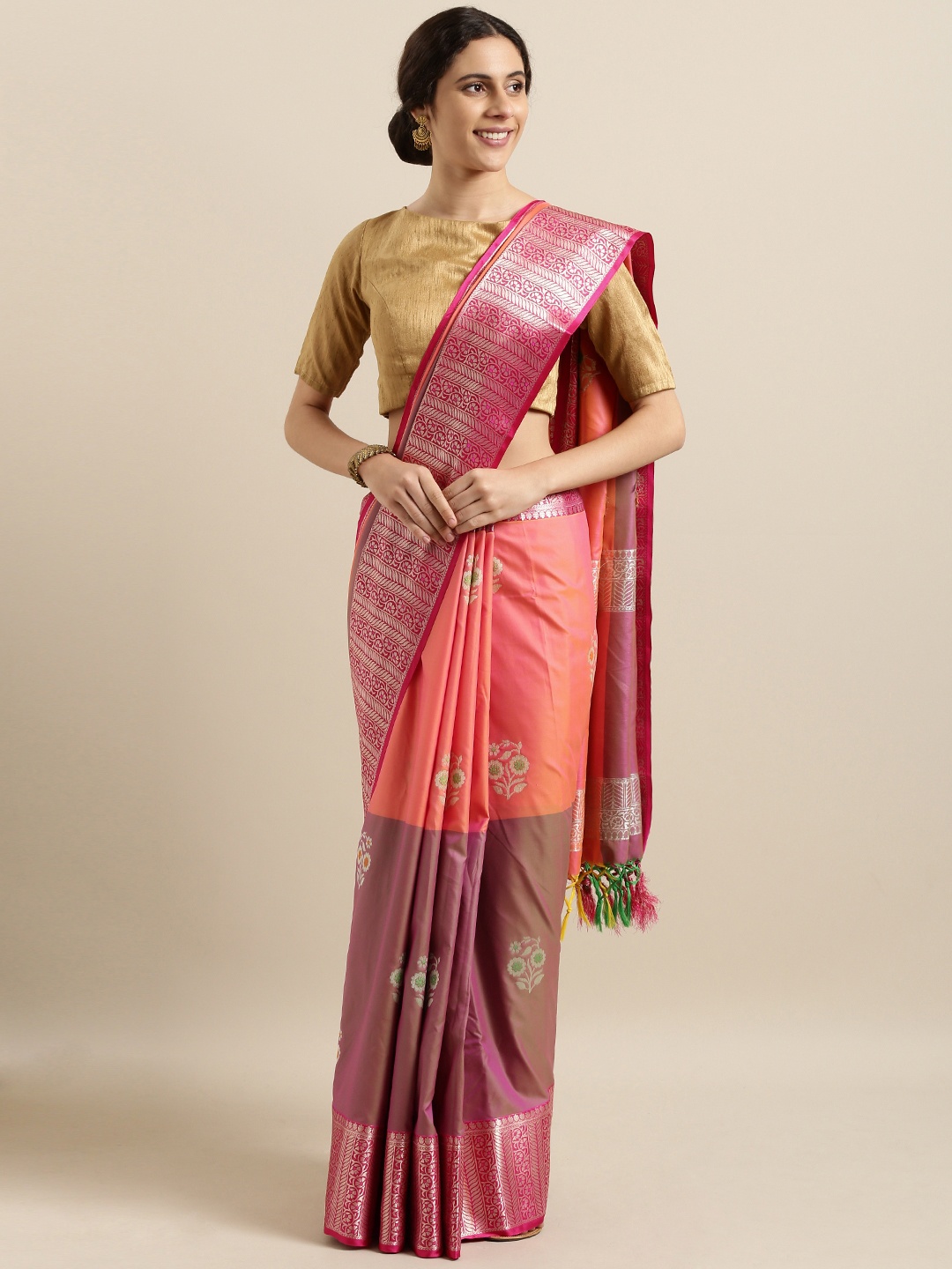 

Varkala Silk Sarees Coral Orange & Pink Katan Silk Blend Woven Design Kanjeevaram Saree