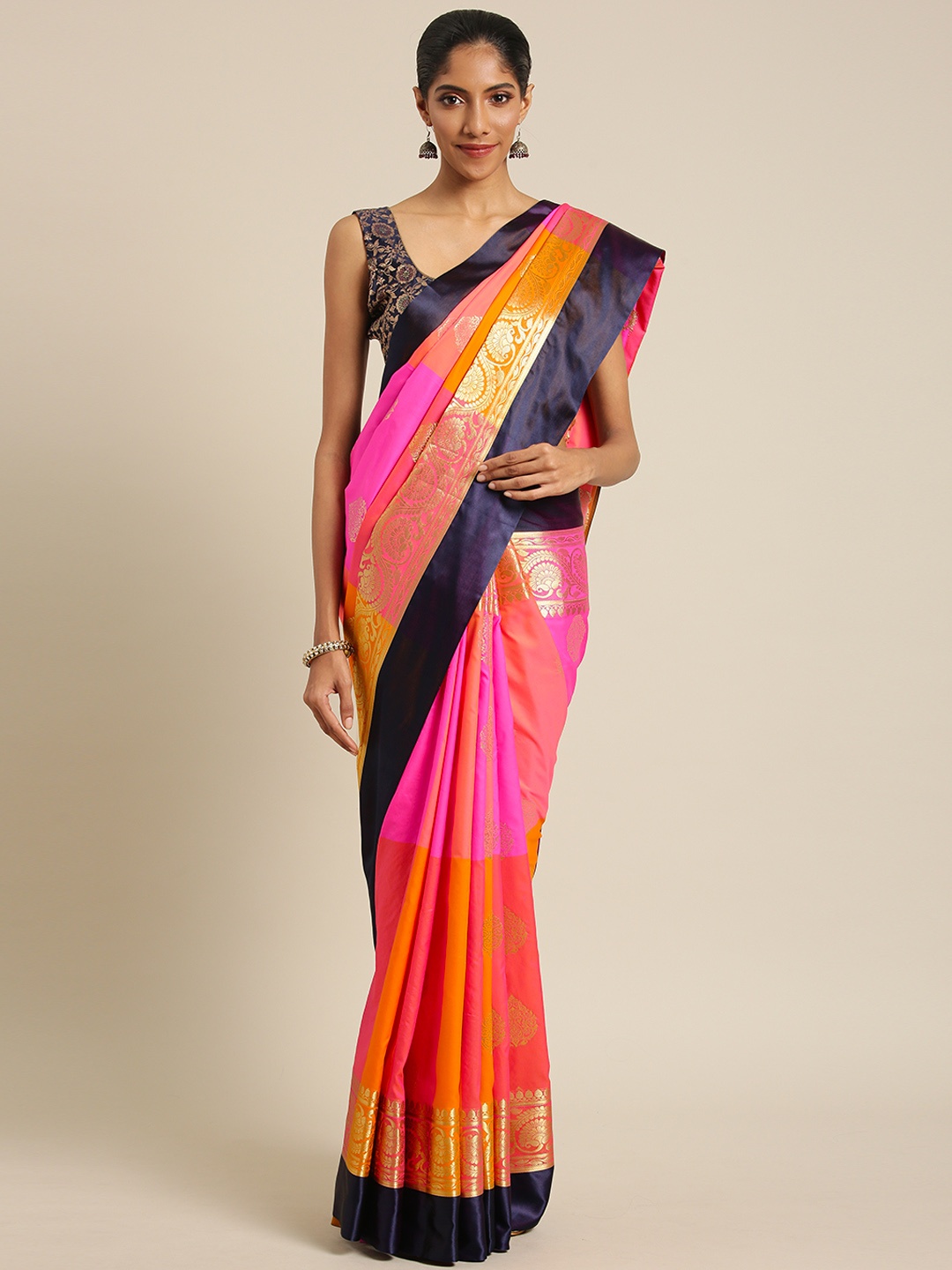 

Varkala Silk Sarees Pink & Navy Blue Silk Blend Woven Design Kanjeevaram Saree