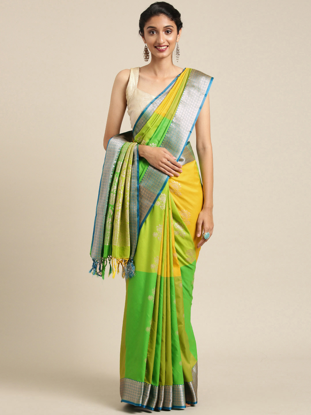 

Varkala Silk Sarees Green & Yellow Katan Silk Blend Woven Design Kanjeevaram Saree