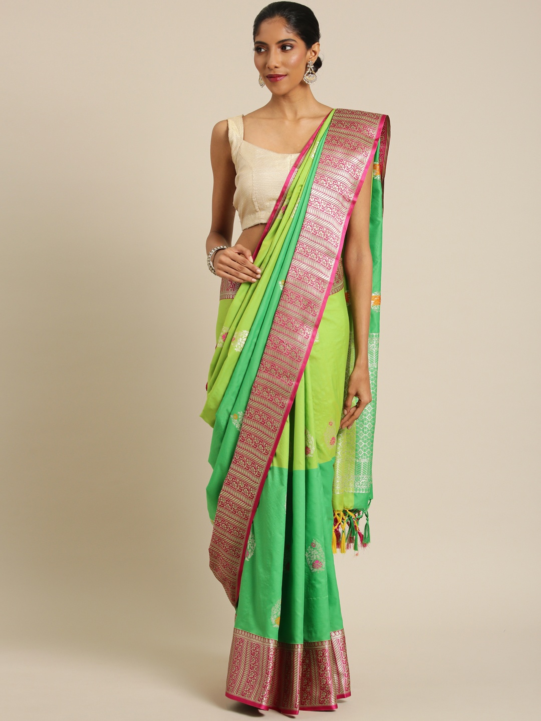 

Varkala Silk Sarees Fluorescent Green & Pink Silk Blend Woven Design Kanjeevaram Saree