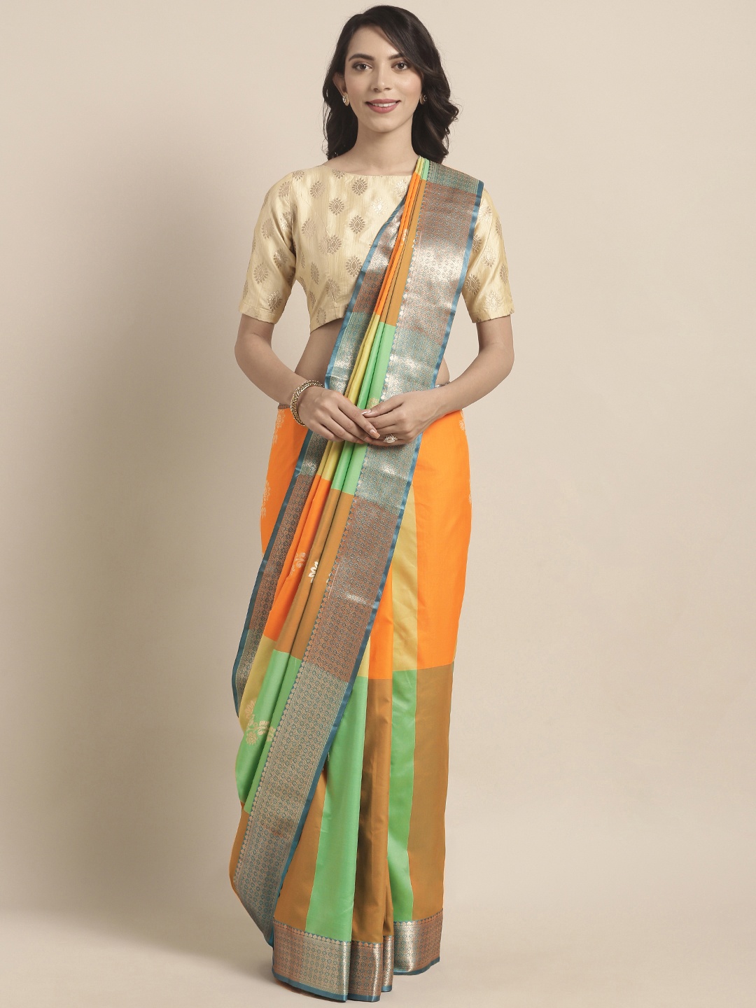 

Varkala Silk Sarees Mustard Yellow & Green Silk Blend Woven Design Kanjeevaram Saree