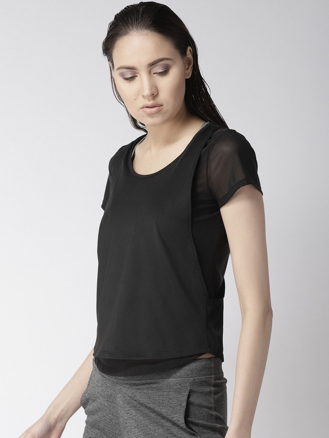 

Fitkin Women Black Solid Quick Dry Layered Top