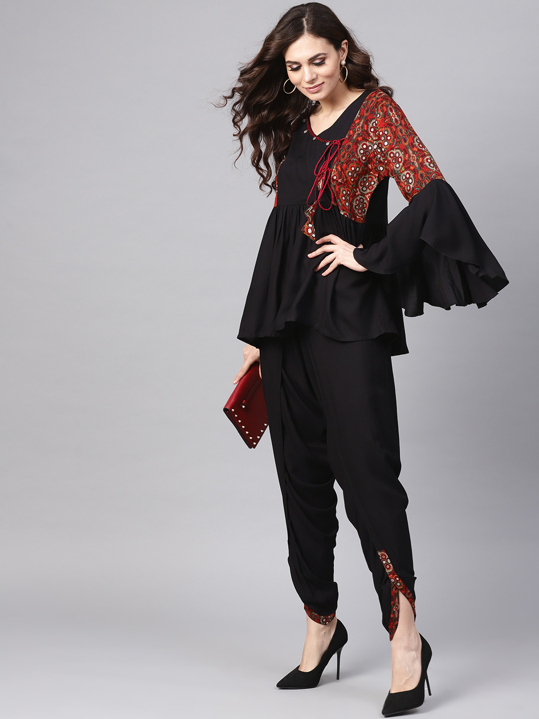 

Shree Women Black & Red Printed Kurti with Dhoti Pants