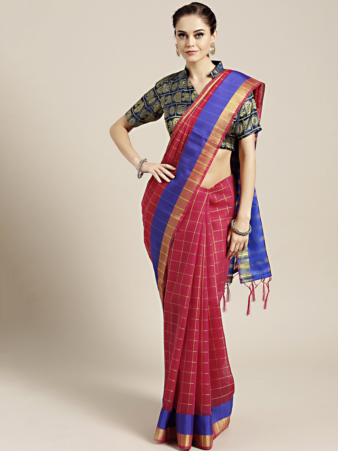 

Chhabra 555 Red & Blue Silk Cotton Gharchola Checked Banarasi Saree
