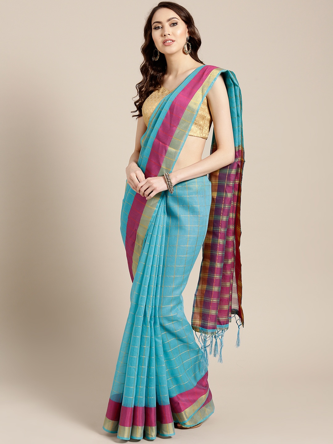 

Chhabra 555 Blue Banarasi Silk Chanderi Checked Gharchola Saree