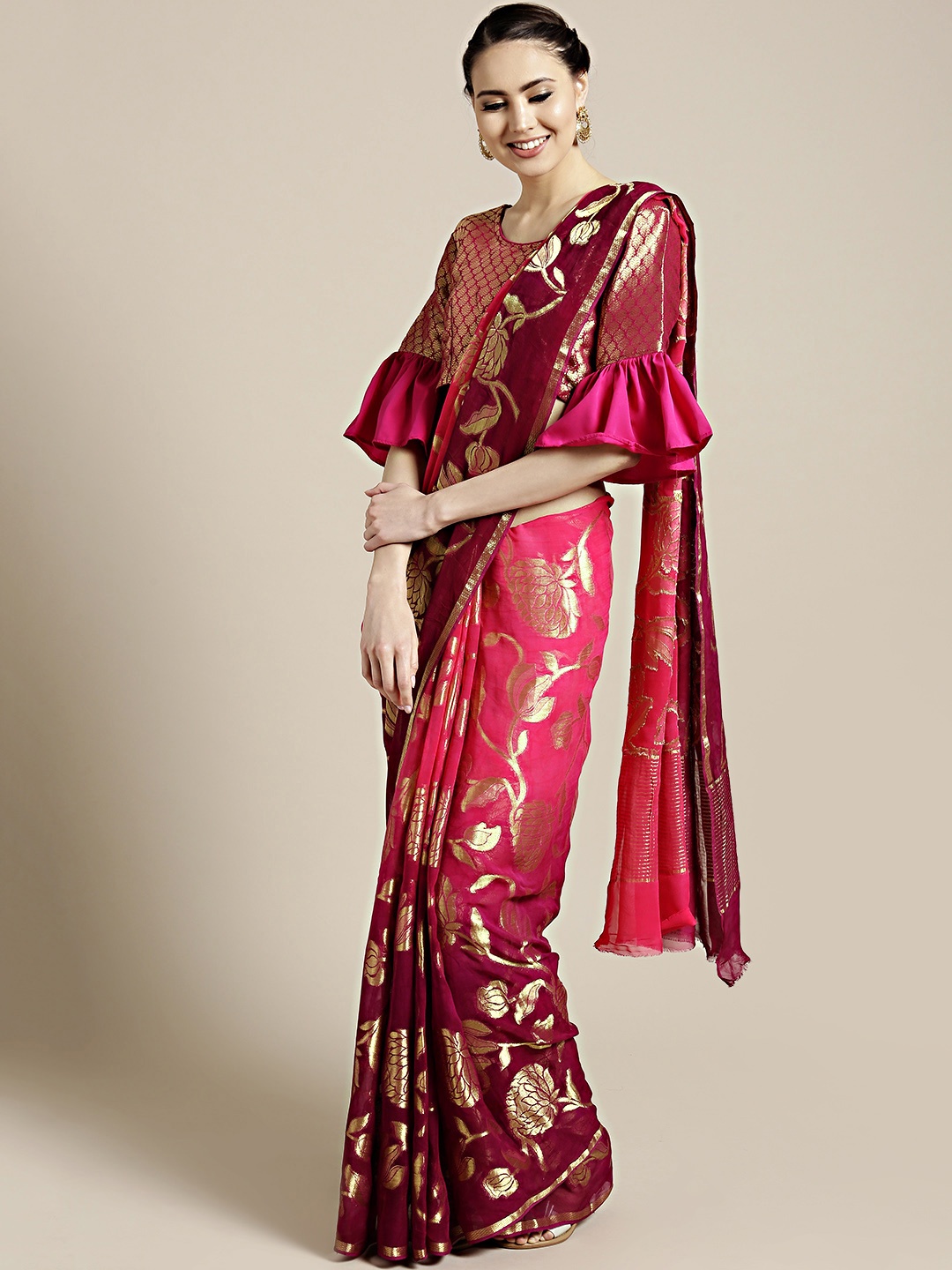 

Chhabra 555 Purple & Pink Woven Design Saree