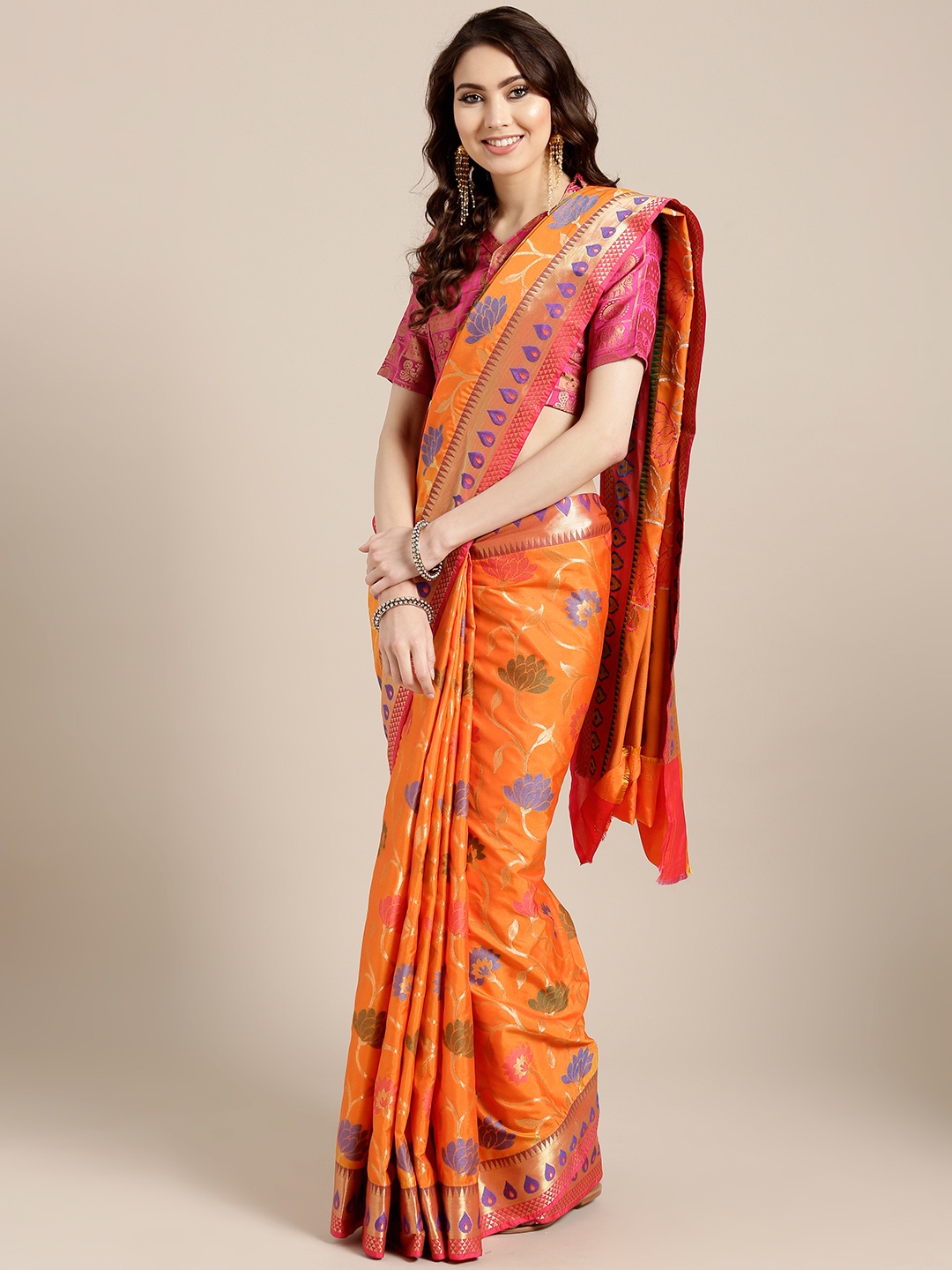 

Chhabra 555 Orange & Blue Woven Design Handloom Banarasi Saree