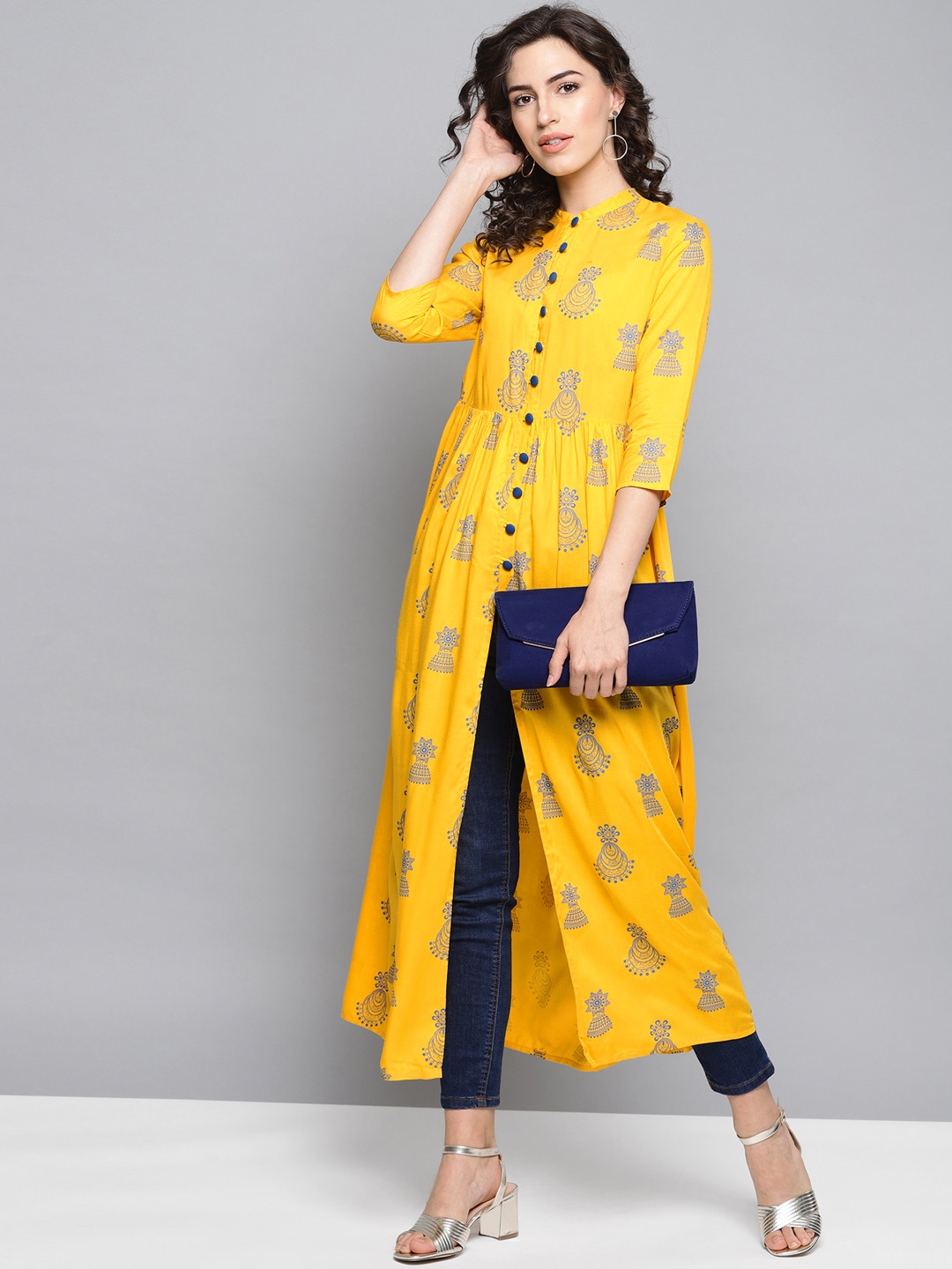 

STREET 9 Women Yellow & Blue Printed A-Line Kurta