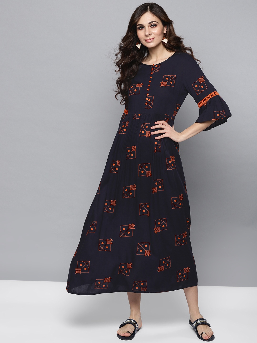 

STREET 9 Women Navy Blue & Orange Printed A-Line Dress