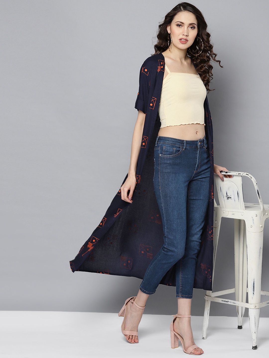 

STREET 9 Navy Blue & Orange Printed Open Front Shrug