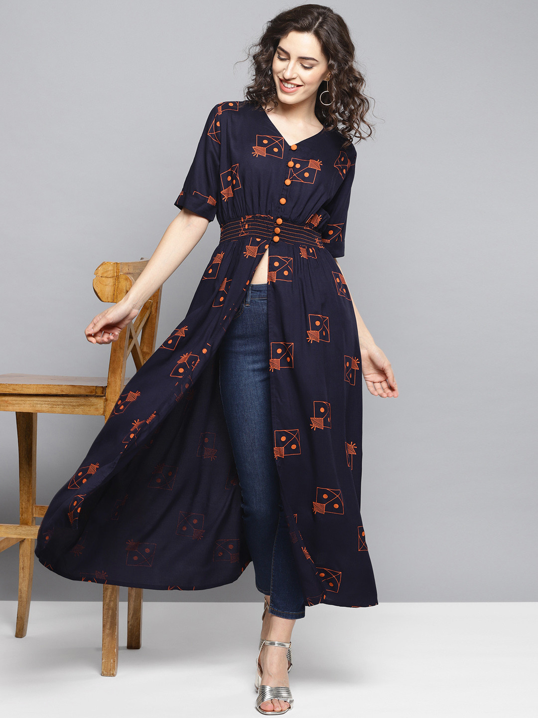 

STREET 9 Women Navy Blue & Orange Quirky Print A-Line Kurta