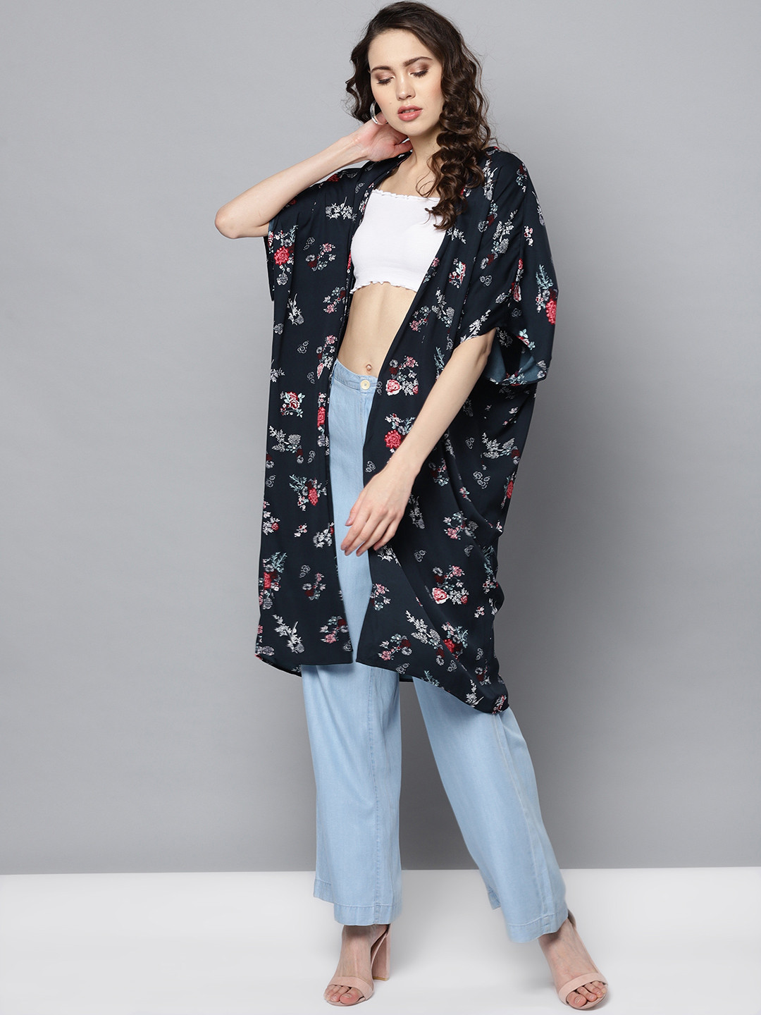 

STREET 9 Navy Blue & White Printed Open Front Shrug