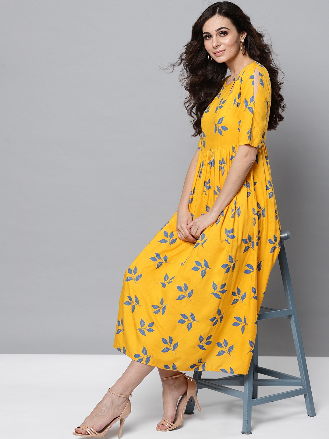 

STREET 9 Women Mustard Yellow & Blue Printed A-Line Dress
