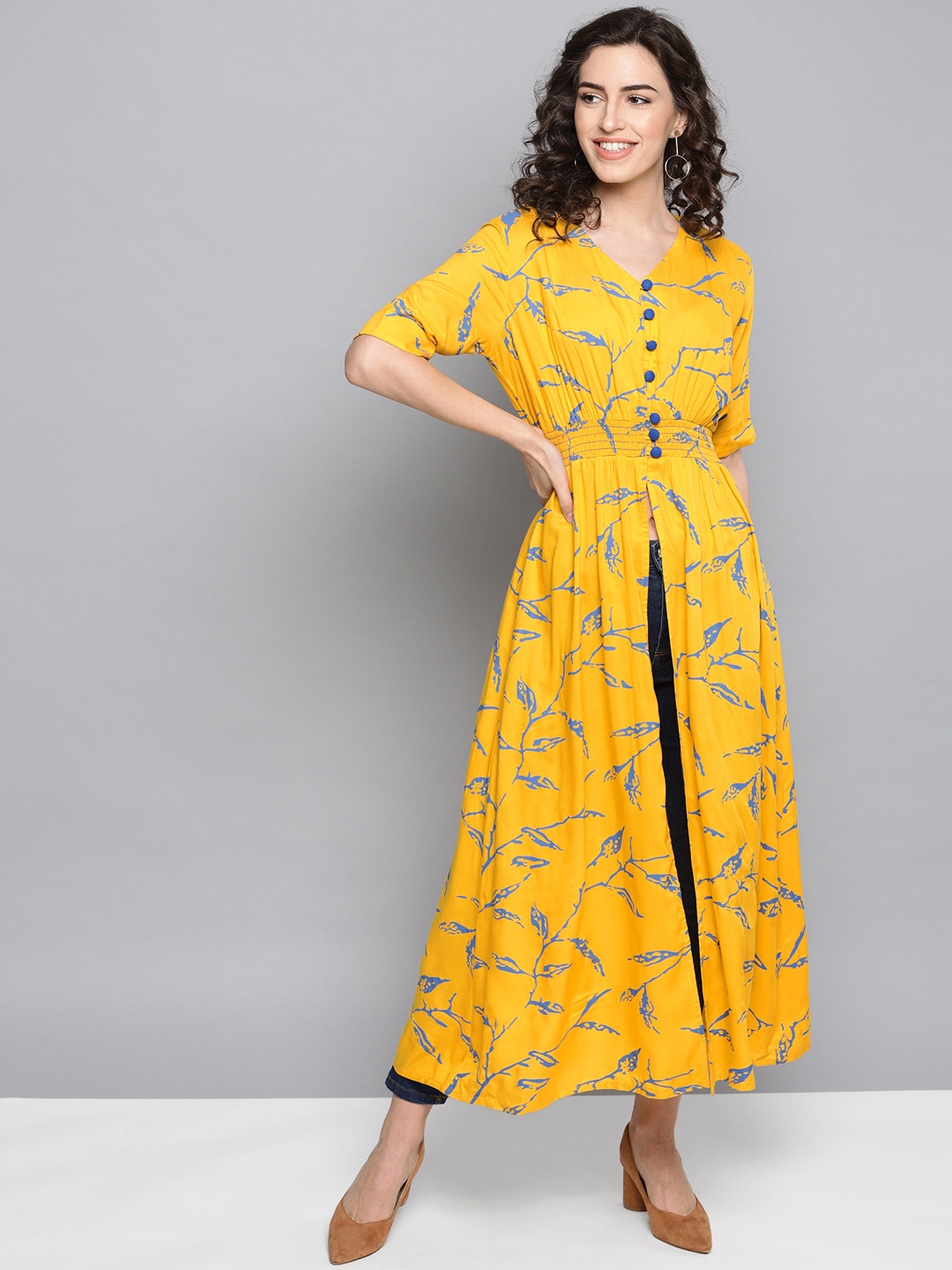 

STREET 9 Women Yellow & Blue Printed A-Line Kurta