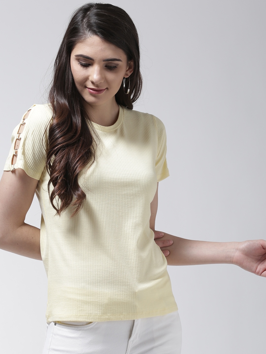 

Madame Women Yellow Self-Striped Top