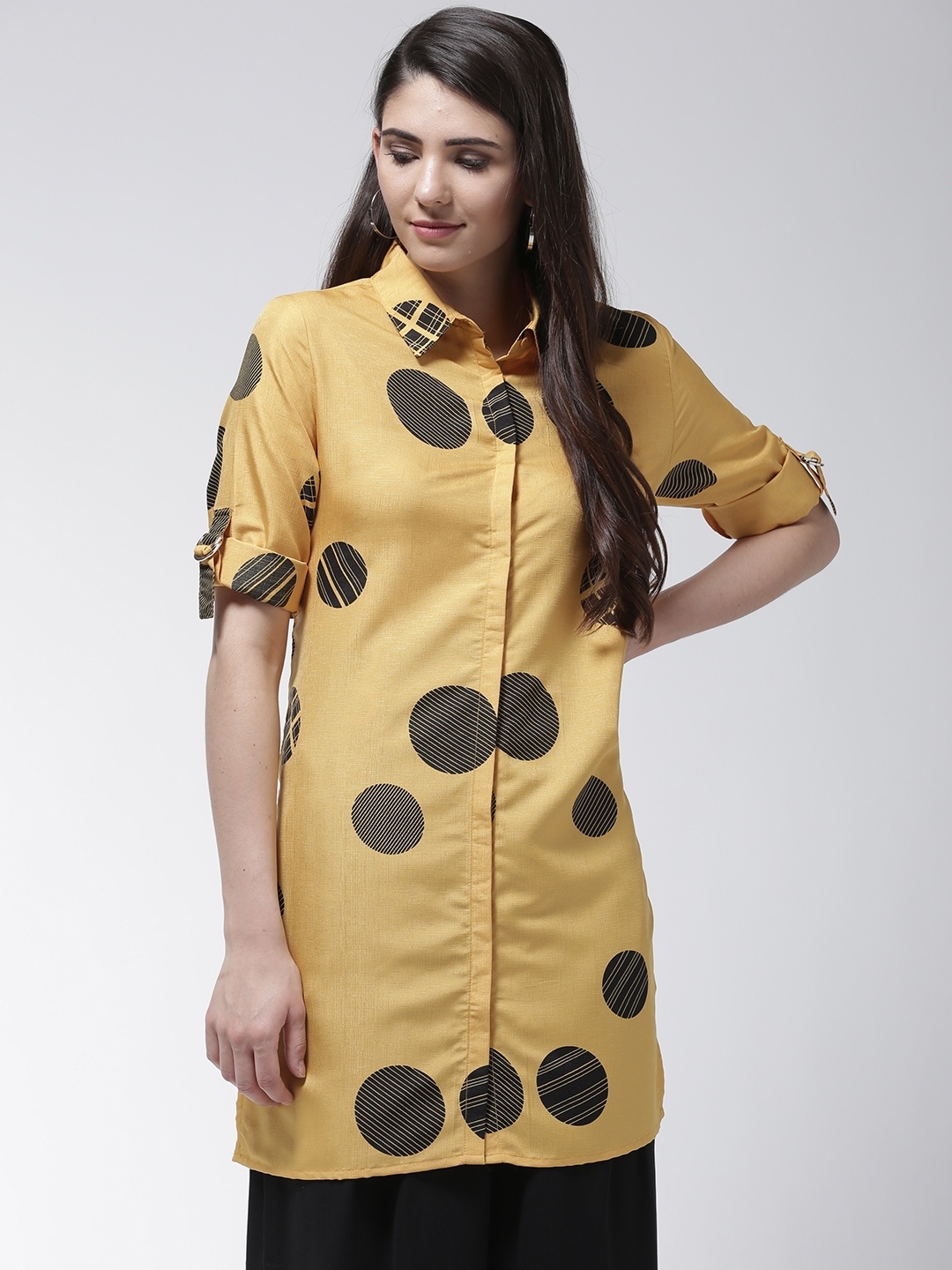 

Madame Women Mustard Yellow & Black Regular Fit Polka Dot Print Casual Longline Shirt