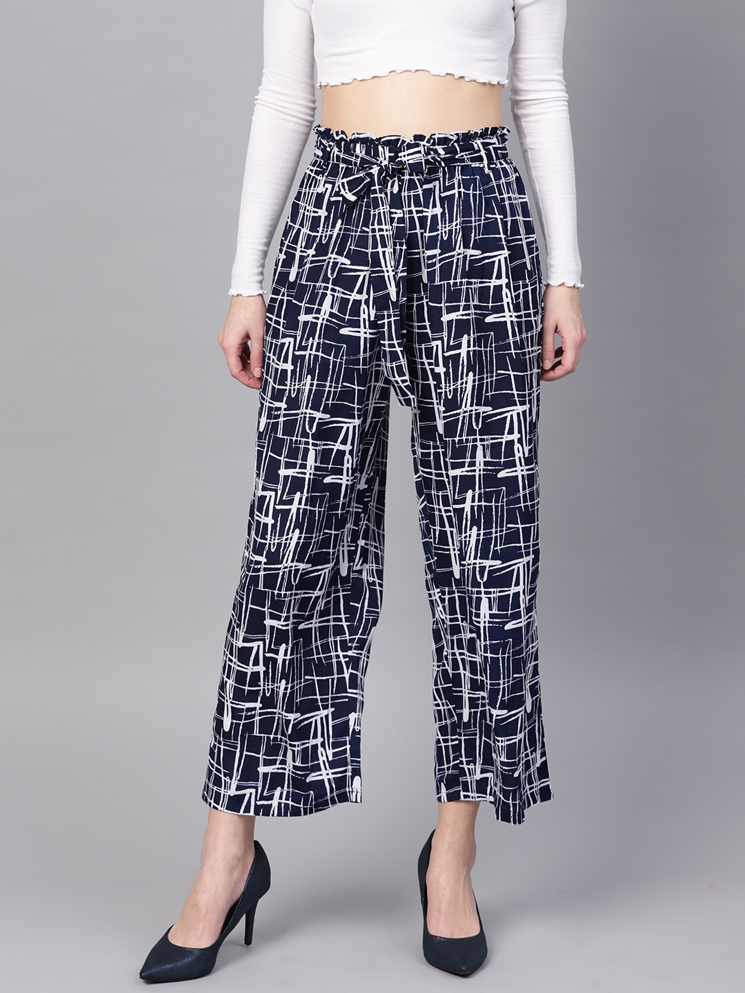 

RARE ROOTS Women Navy Blue & White Loose Fit Printed Parallel Trousers