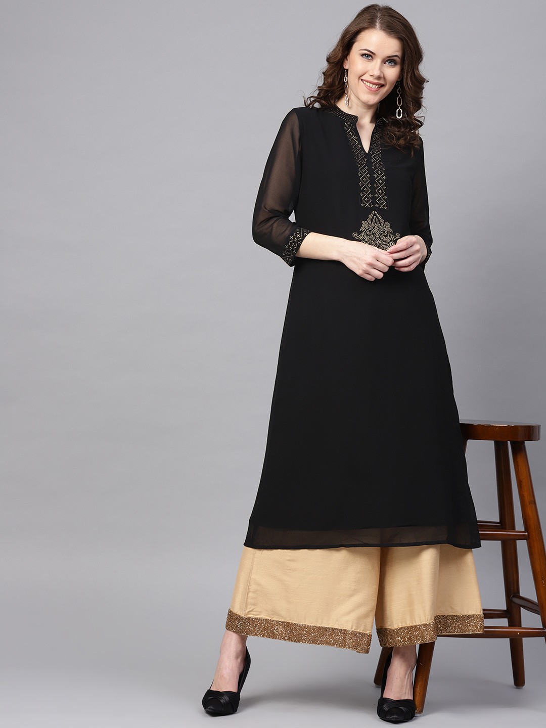 

RARE ROOTS Women Black Yoke Design Straight Kurta