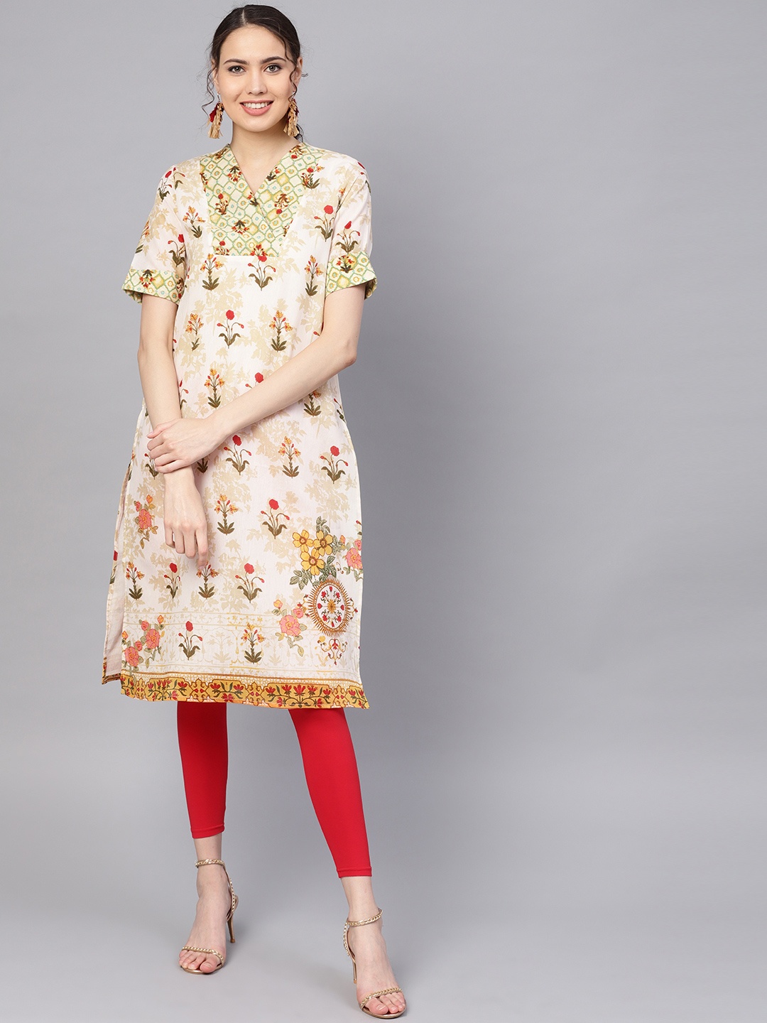 

RARE ROOTS Women Yellow & Red Printed A-Line Kurta