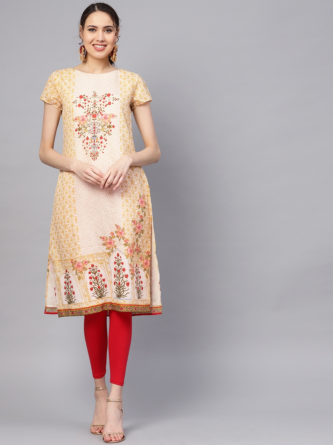 

RARE ROOTS Women Off-White & Red Printed A-Line Kurta, Cream