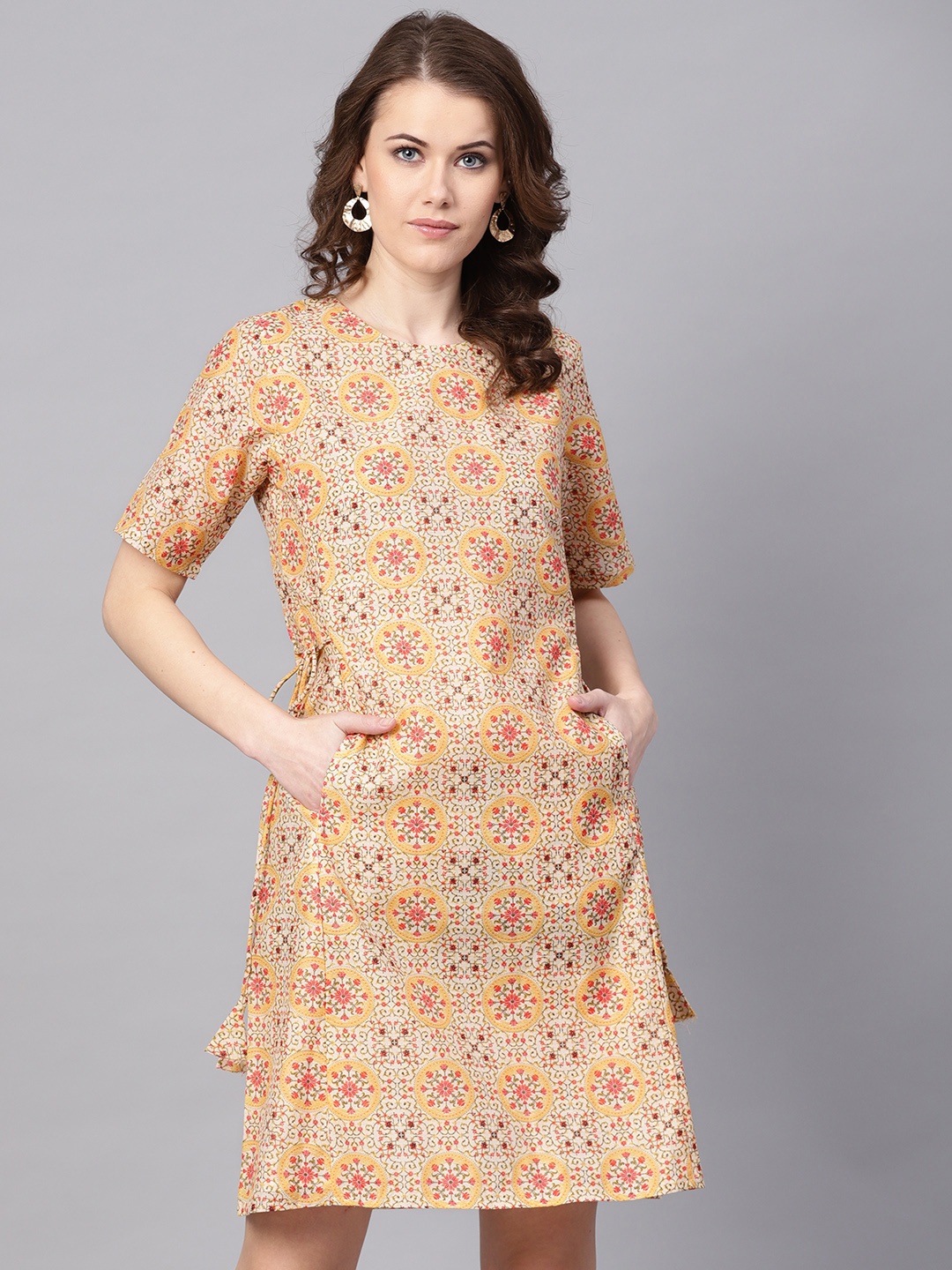 

RARE ROOTS Women Beige & Mustard Yellow Printed A-Line Dress